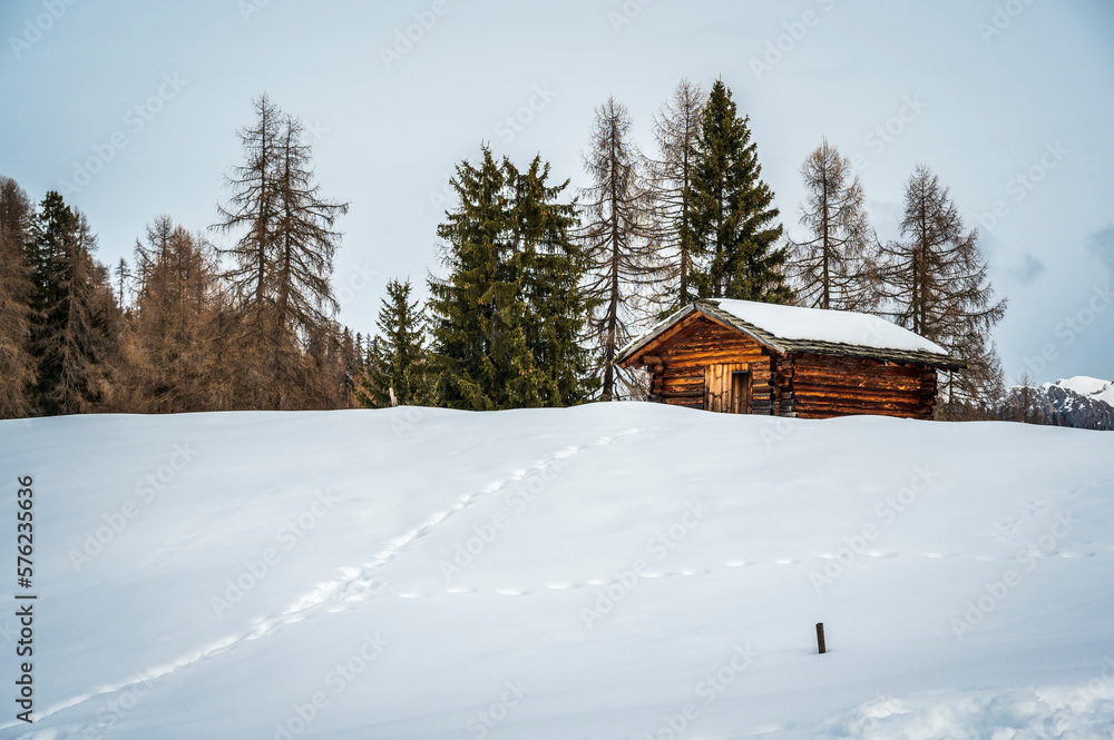 Alta Val Badia in winter. The village of La Val surrounded by the Dolomites. 