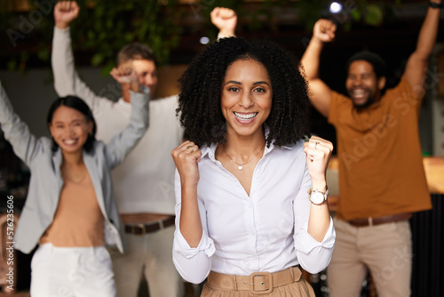 фотографія Black woman, team and business celebration portrait for winning, success and achievement