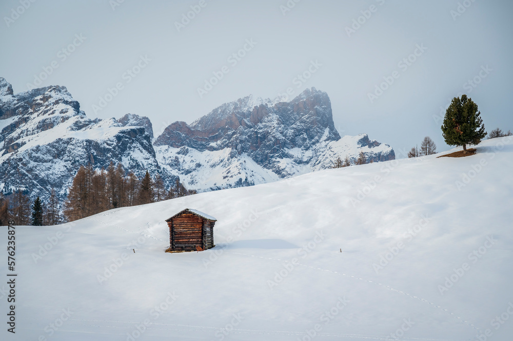 Alta Val Badia in winter. The village of La Val surrounded by the Dolomites. 