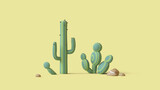 Set of colorful cute kawaii green tropical cactus plants in desert landscape among sand and stones. Minimal stylized simple shapes of cacti, modern botanical collection. 3d render on yellow backdrop.