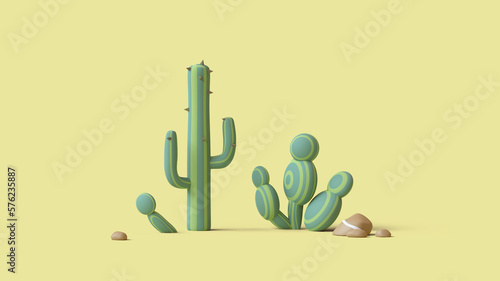 Set of colorful cute kawaii green tropical cactus plants in desert landscape among sand and stones. Minimal stylized simple shapes of cacti, modern botanical collection. 3d render on yellow backdrop.