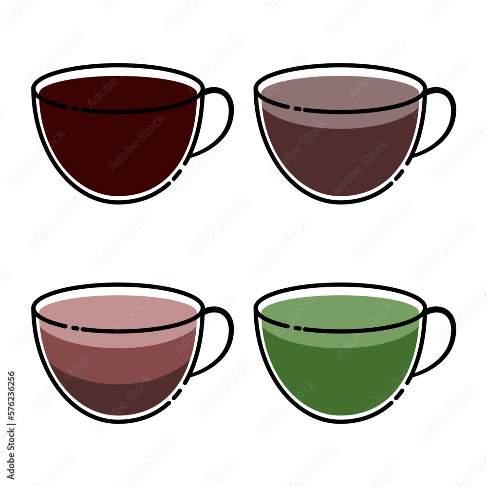 Coffee, Latte, Coco and Matcha green tea in cup on white background in flat line vector illustration design Coffee, Latte, Coco and Matcha green tea in cup on white background in flat line vector illustration design