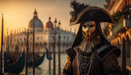 Masked person in carnival costume in Venice. Based on Generative AI
