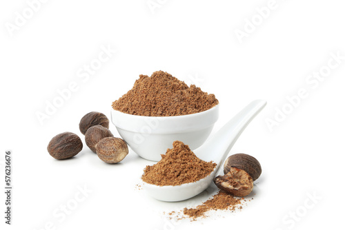 Concept of spices and condiments, nutmegs, isolated on white background
