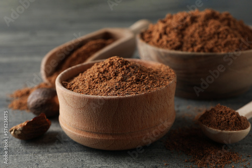 Concept of different spices and condiments, nutmegs