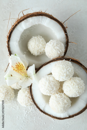 Concept of tasty sweets, coconut candies, top view