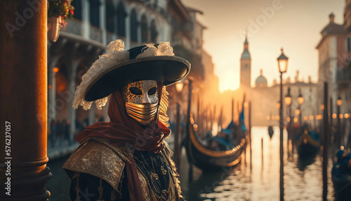 Masked person in carnival costume in Venice. Based on Generative AI