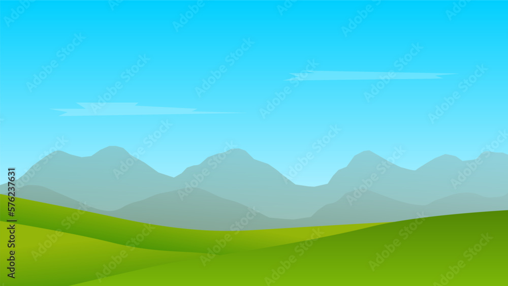 landscape cartoon scene background. green meadow with mountain as layer and blue sky
