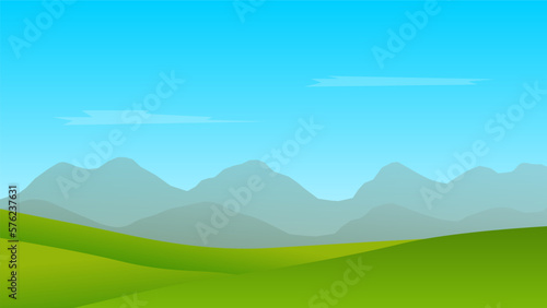 landscape cartoon scene background. green meadow with mountain as layer and blue sky 