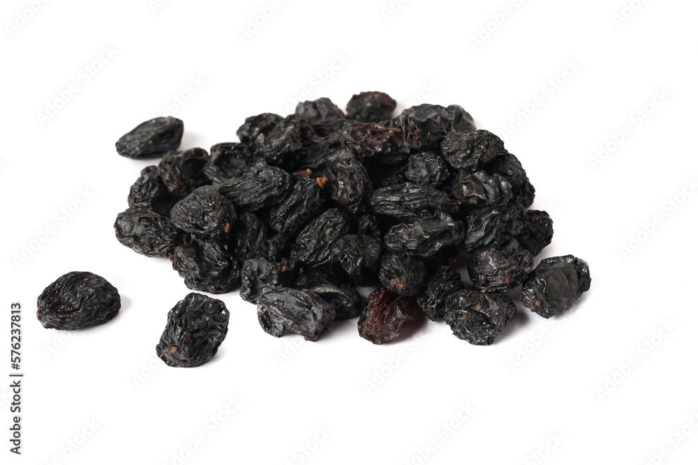 Closeup shot black currant dry on white background Closeup shot black currant dry on white background