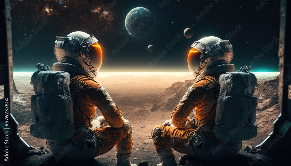 Astronaut and astronauts  exploring planets in outer space, made with generated ai