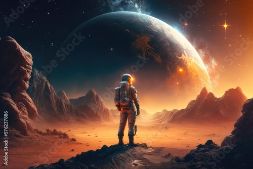 Fototapeta Astronaut and astronauts  exploring planets in outer space, made with generated