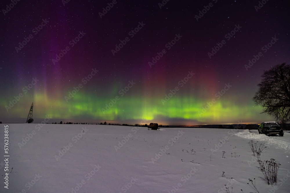 Aurora Borealis. Night sky. Latvia. Cesis. 