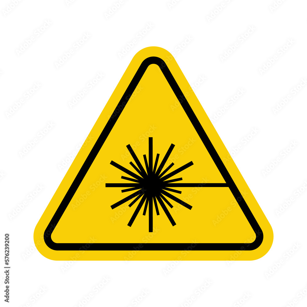 Laser hazard sign. Warning yellow triangle. Do not look into the laser beam. Laser beam sign. Laser hazard sign. Warning yellow triangle. Do not look into the laser beam. Laser beam sign.