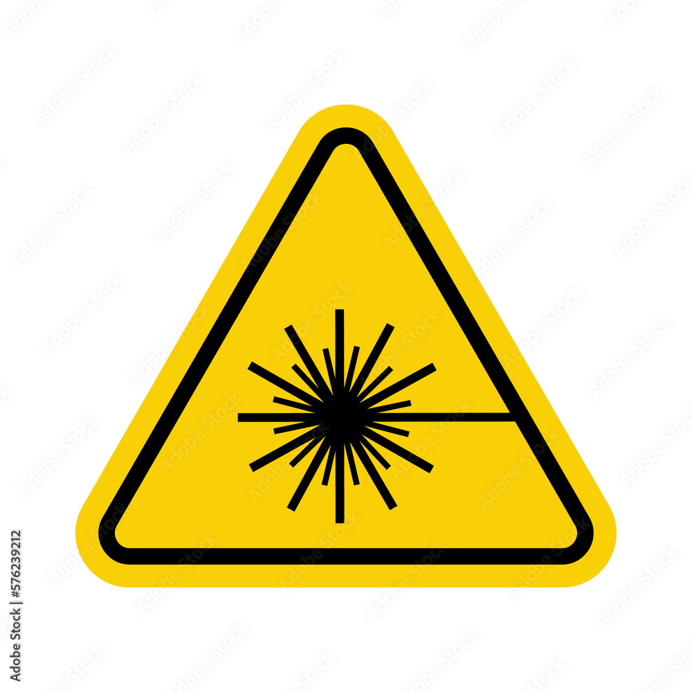 Laser hazard sign. Warning yellow triangle. Do not look into the laser beam. Laser beam sign. Laser hazard sign. Warning yellow triangle. Do not look into the laser beam. Laser beam sign.