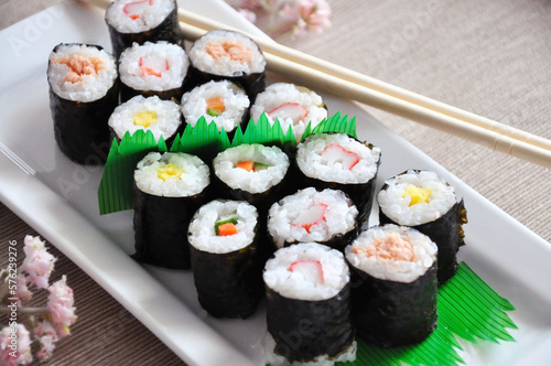 Japanese Food Sushi Roll set on White Plate