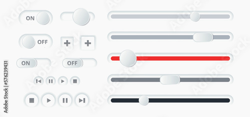 3d slider bar, vector illustration. Scrollbar volume, brightness. Panel switch control. Concept toggle scroll. User interface, play two button. Horizontal drag shape, level, scale. Loading bar
