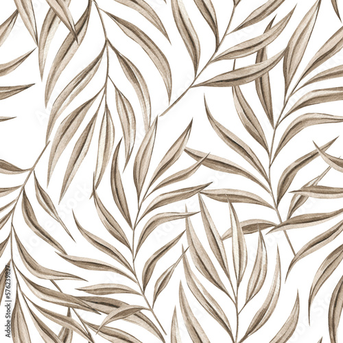 Dry palm leaves seamless watercolor pattern on white background
