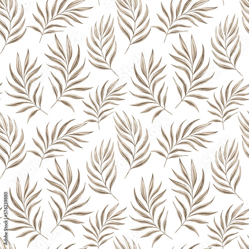 Dry palm leaves seamless watercolor pattern on white background