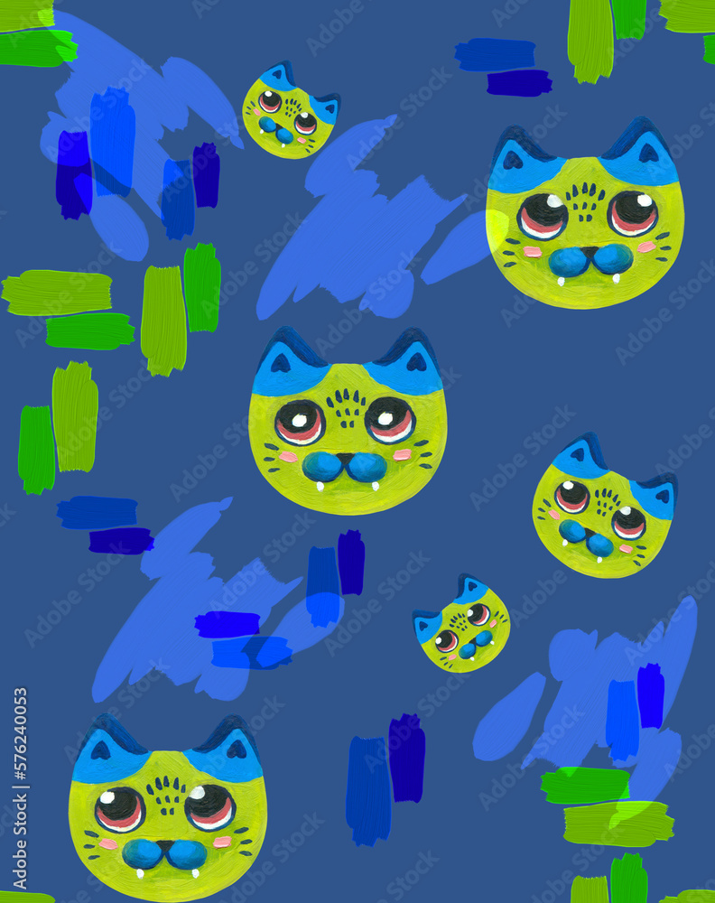 Trendy, cheerful, childish, stylish, seamless, picturesque, pattern, silhouette, image, animal, cat for wallpapers, decor, ornament, textiles, clothes, prints, advertising, covers, background.
