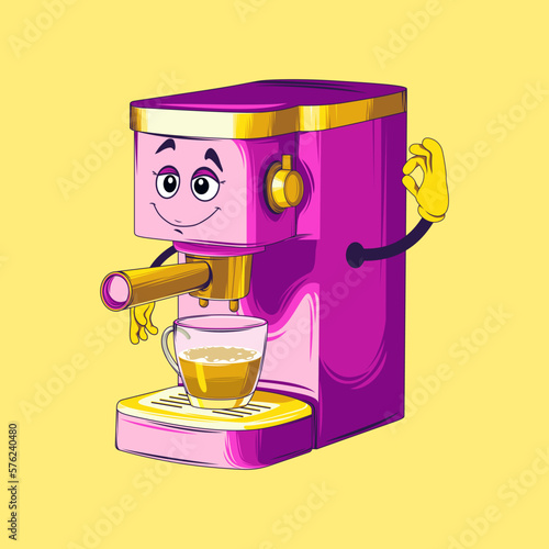 Coffee maker cartoon character. Espresso coffee maker vector.