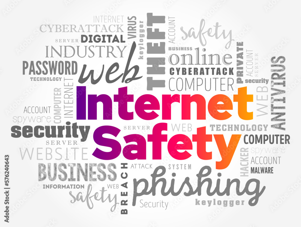 Internet Safety - safe on the internet and is the act of maximizing a user's awareness of personal safety and security risks, word cloud concept background Internet Safety - safe on the internet and is the act of maximizing a user's awareness of personal safety and security risks, word cloud concept background