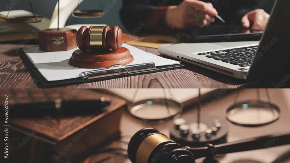 Justice and law concept.Male judge in a courtroom with the gavel, working with, computer and docking keyboard, eyeglasses, on table in morning light