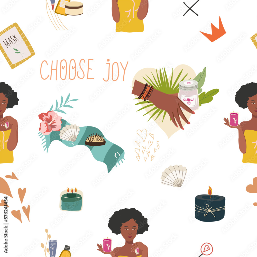 Naklejka premium Seamless pattern, digital paper, wrapping paper on the theme of personal care: girl, heart, mask, candle, flower. Flat cartoon vector illustration, hand drawn style. The concept of self-love, health.