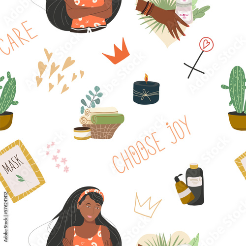 Seamless pattern, digital paper, wrapping paper on the theme of personal care: girl, heart, mask, candle, flower. Flat cartoon vector illustration, hand drawn style. The concept of self-love, health.
