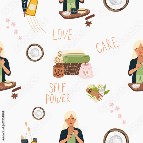 Seamless pattern, digital paper, wrapping paper on the theme of personal care: girl, heart, mask, candle, flower. Flat cartoon vector illustration, hand drawn style. The concept of self-love, health.
