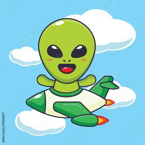 Cute alien ride on plane jet. 