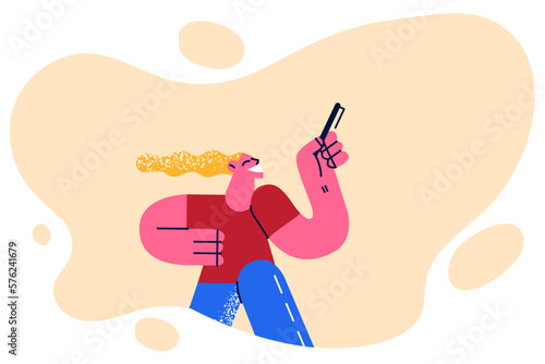 Human with bright appearance performs incendiary dance at rock and roll concert and enjoys party