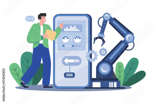 Production Automation with mobile app Illustration concept mobile white background