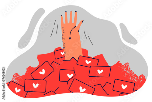 Hand of man drowning in likes from social networks for concept of addiction to Internet gadgets