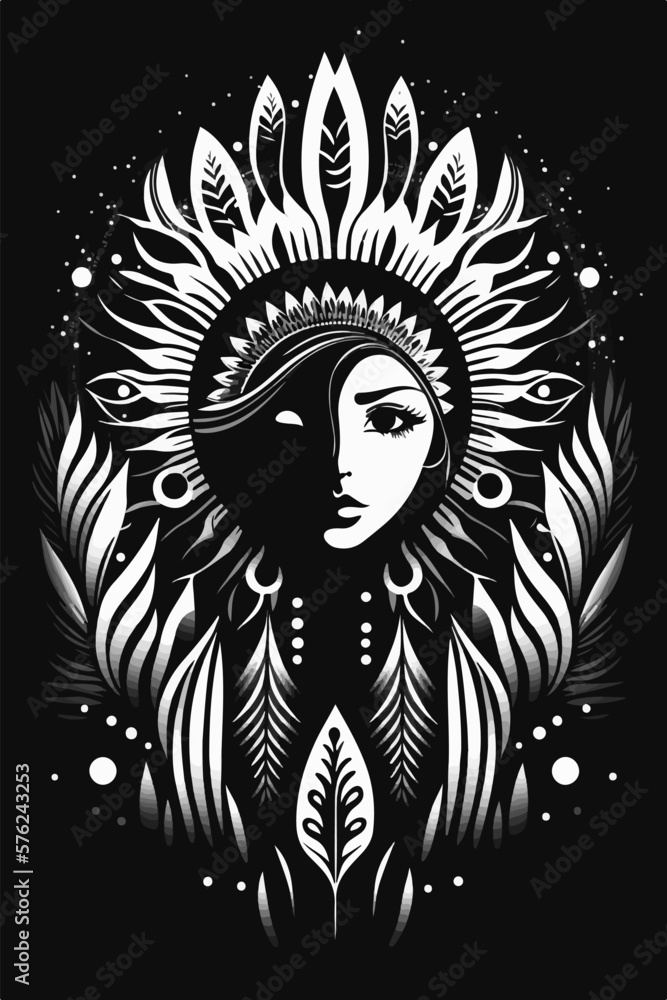 Obraz premium This is a black and white painting depicting a girl in an ethnic style. The painting showcases a portrait of a woman with features inspired by traditional cultural elements.