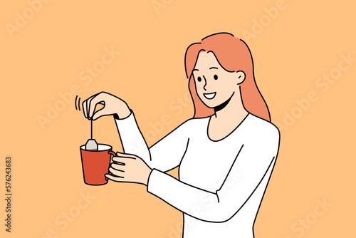 Smiling woman make tea in cup. Happy girl prepare warm drink with bag. Hot beverage for relaxation. Vector illustration. 