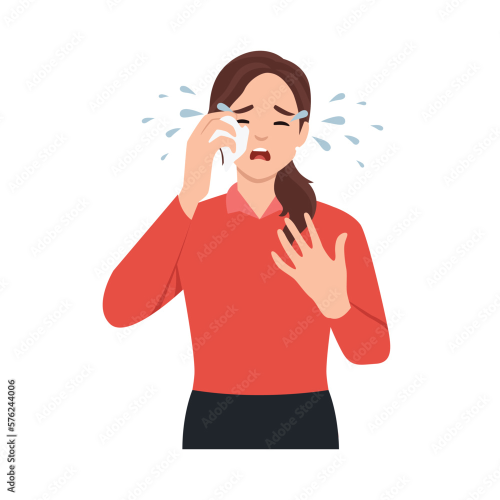 Beautiful young woman crying and wiping tears from her eyes. Woman suffering from depression, despair, sadness and broken heart. Flat vector illustration isolated on white background Beautiful young woman crying and wiping tears from her eyes. Woman suffering from depression, despair, sadness and broken heart. Flat vector illustration isolated on white background