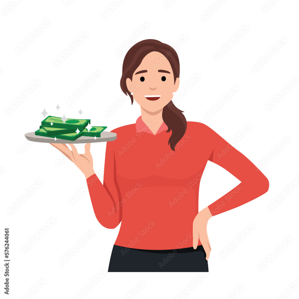 Young business woman serving money. Flat vector illustration isolated on white background Young business woman serving money. Flat vector illustration isolated on white background