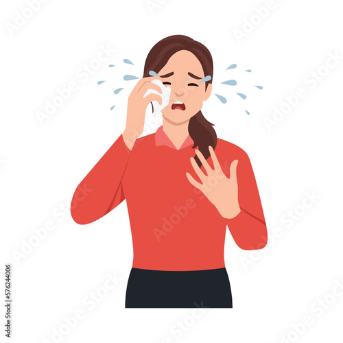 Beautiful young woman crying and wiping tears from her eyes. Woman suffering from depression, despair, sadness and broken heart. Flat vector illustration isolated on white background
