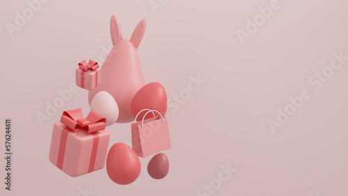 Easter poster and banner template, copy space of bunny statue and easter egg with shopping bag and gift box on pink pastel background. 3d rendering