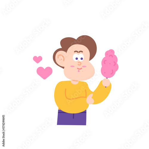 illustration of a boy eating cotton candy. likes to eat cotton candy. sweet food. happy cotton candy day character illustration design. vector elements