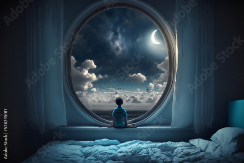 a kid watching out at big window open to galaxy sky, midnight time, idea for imagination and dream concept, Generative Ai