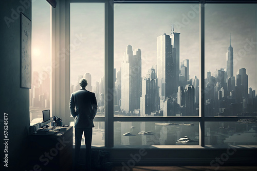 Rear view of man in formal suites who stand in front of panoramic window with city view. a man stands in front of big panoramic wiindow view from back, gerative ai.
