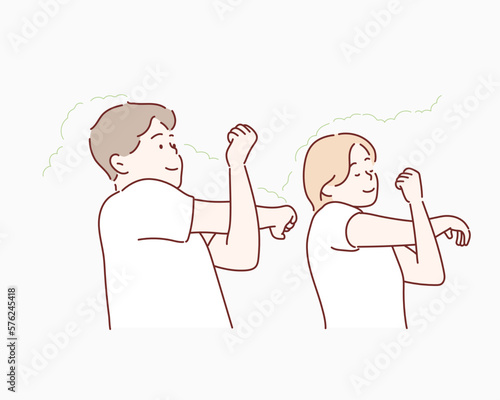 young man and woman stretching in the park. Hand drawn style vector design illustrations.