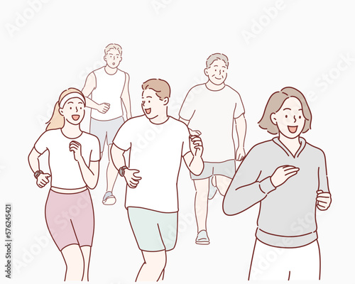 Group of young people running a race. Hand drawn style vector design illustrations.