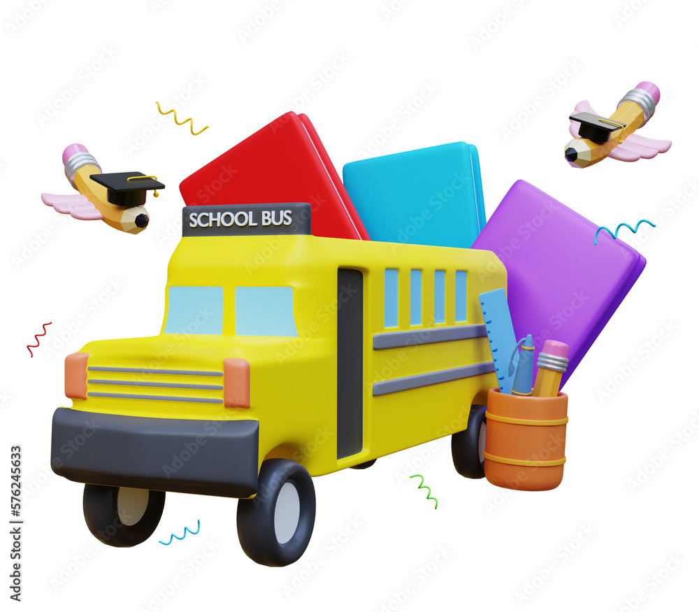 Naklejka premium School bus with school accessories and books. Education and welcome back to school concept. Design for website banner, presentation, poster and advertising. 3d rendering