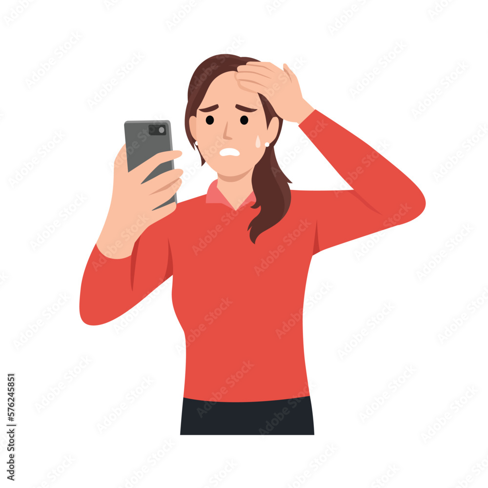 Young woman looking in smartphone with scared face expression. Flat vector illustration isolated on white background Young woman looking in smartphone with scared face expression. Flat vector illustration isolated on white background
