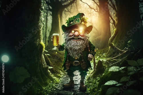 A leprechaun holding a glass of green beer in a forest, outdoor, St. Patrick's Day celebration, Irish Traditions. AI Generative