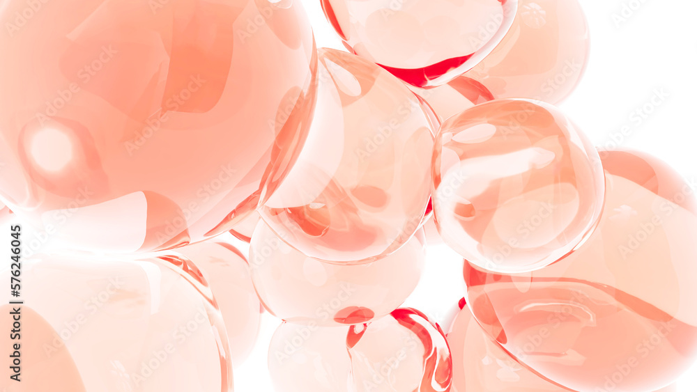 3d レンダリング 細胞 美容医療 コラーゲンやペプチドの球体のデザイン, 透明感のある赤いジェリー くっつき合うボール, 医療 アブストラクト - obrazy, fototapety, plakaty 
