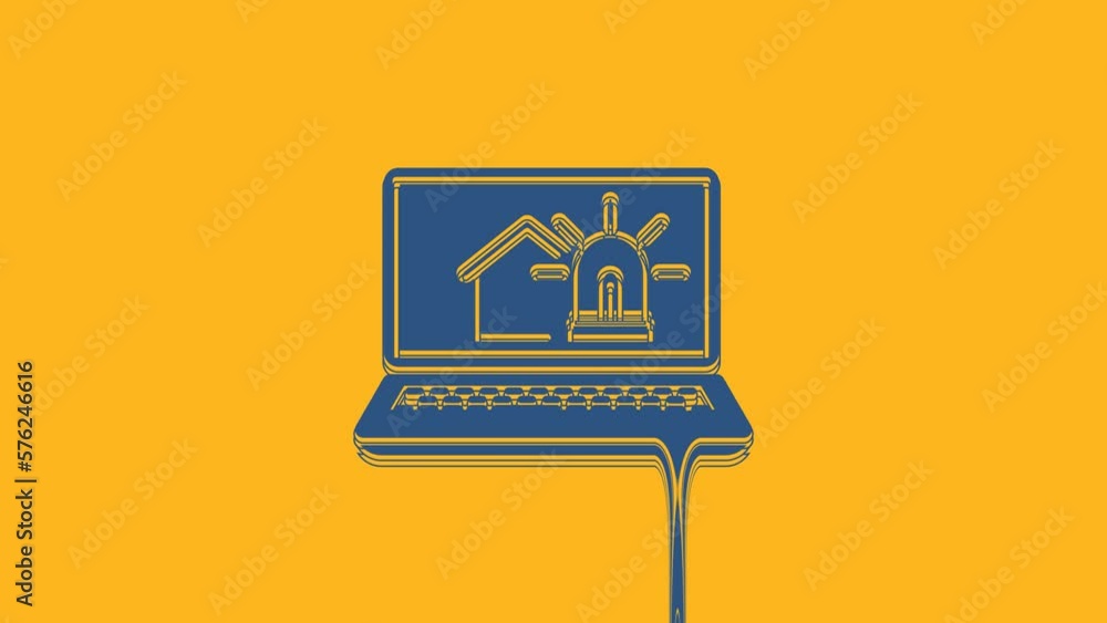 Blue Laptop with smart house and alarm icon isolated on orange background. Security system of smart home. 4K Video motion graphic animation Blue Laptop with smart house and alarm icon isolated on orange background. Security system of smart home. 4K Video motion graphic animation
